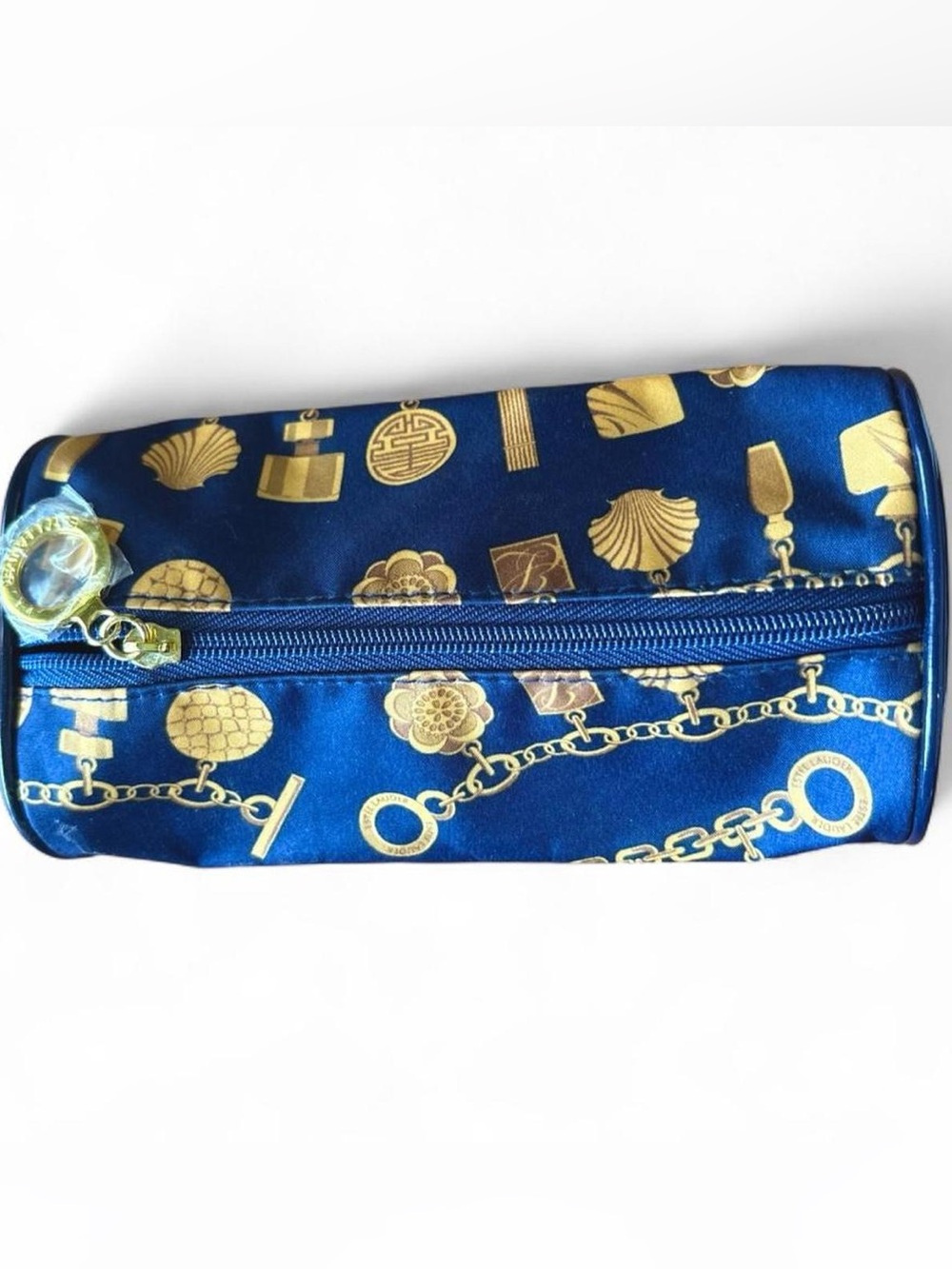 Estee Lauder Blue and Gold Printed Satin Zip Pouch